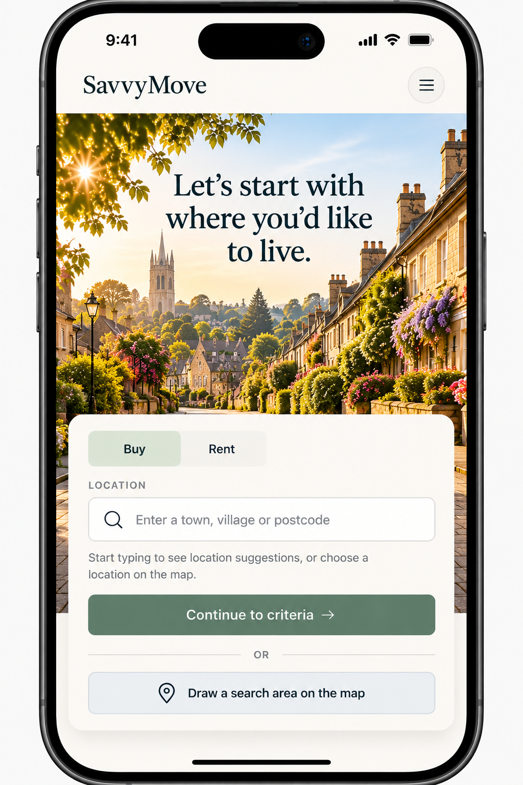 SavvyMove interface concept on a portrait phone: a sunlit British village, the invitation Let’s start with where you’d like to live, and options to buy, rent or draw a search area on a map